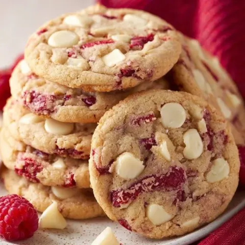 Delicious white chocolate raspberry cookies on a baking sheet