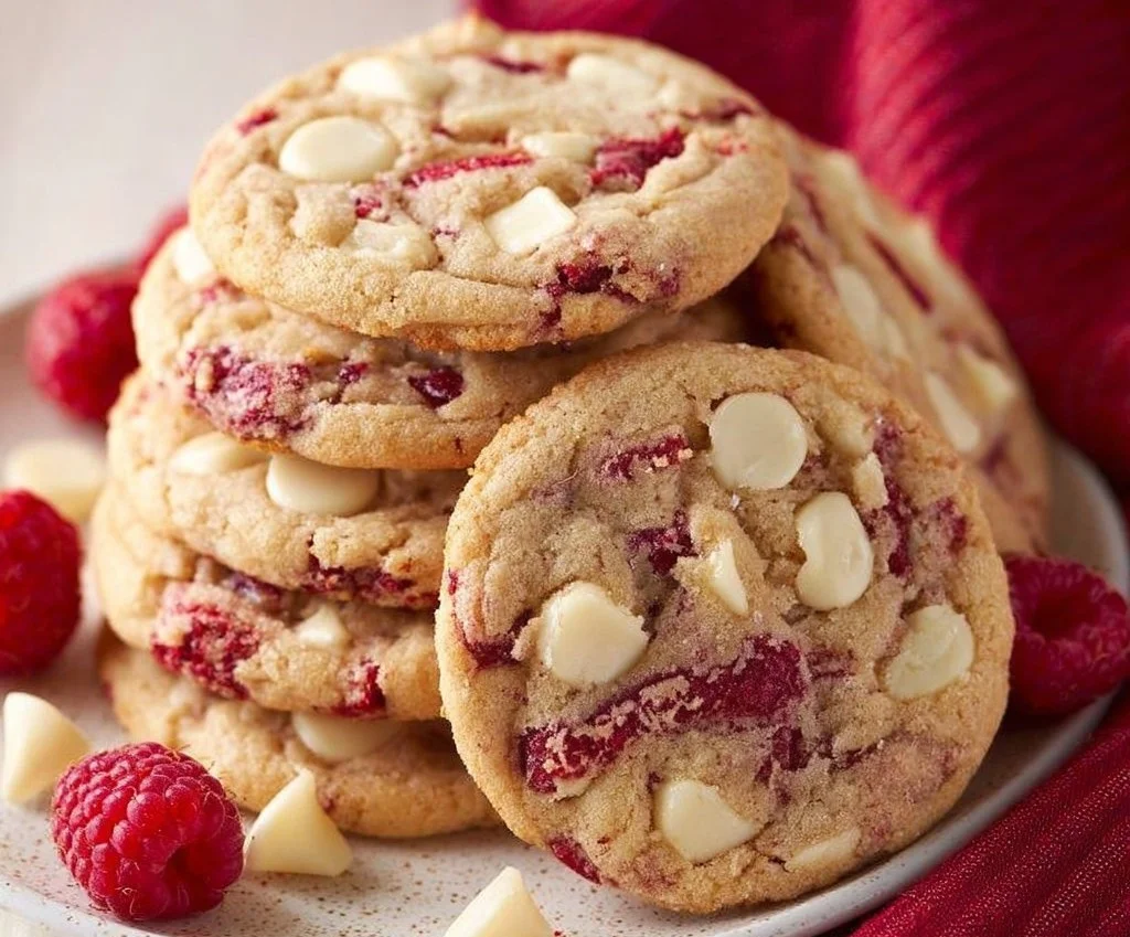 Delicious white chocolate raspberry cookies on a baking sheet