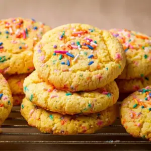 Delicious yellow cake mix cookies with colorful sprinkles on a plate.