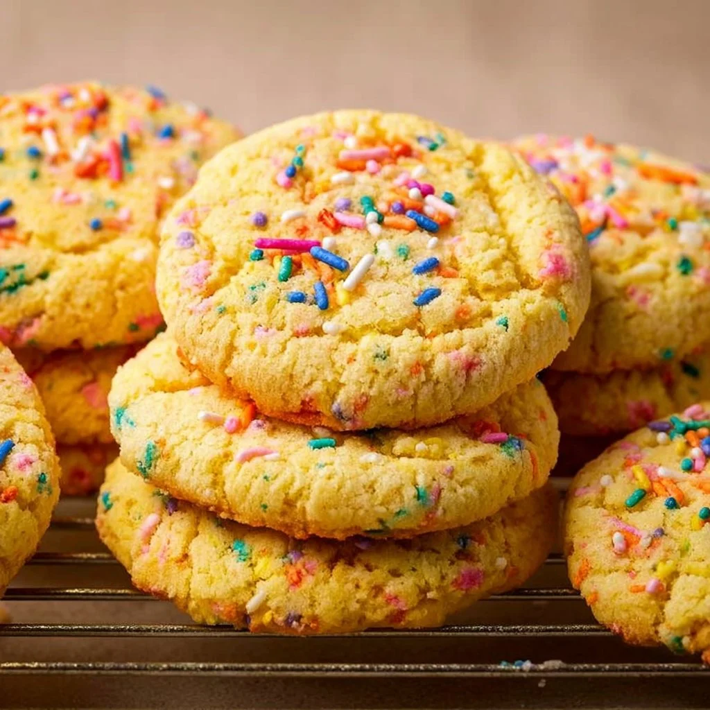 Delicious yellow cake mix cookies with colorful sprinkles on a plate.