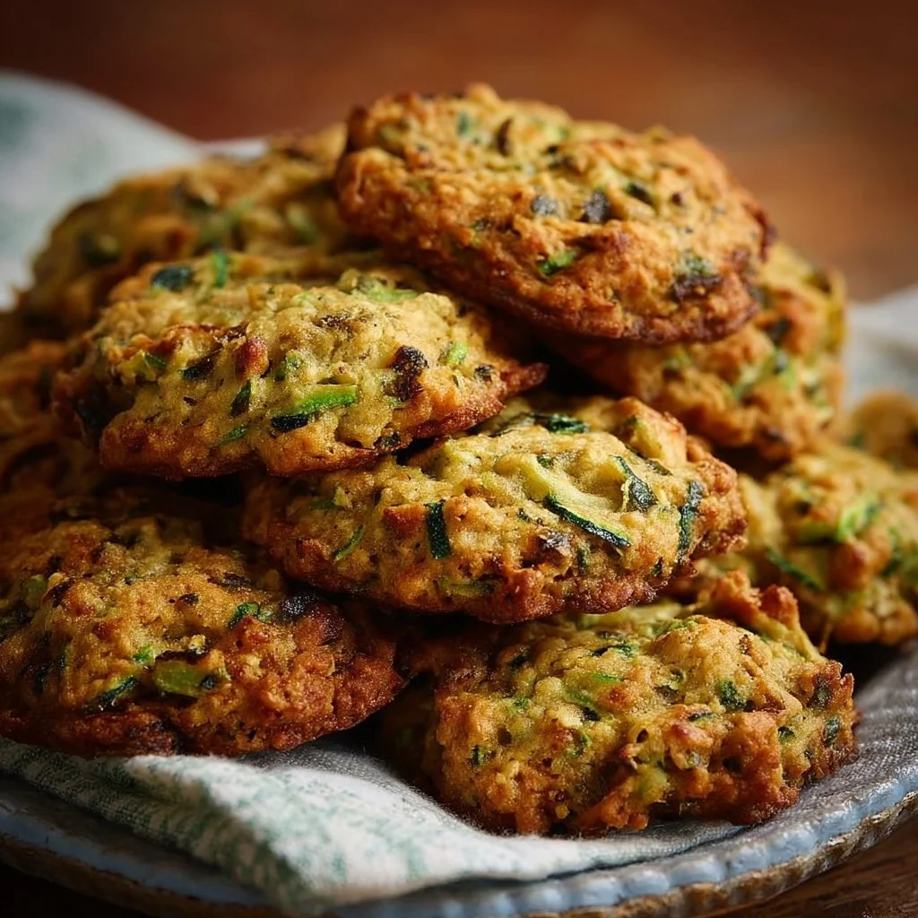 Batch of freshly baked zucchini cookies with chocolate chips on a baking tray